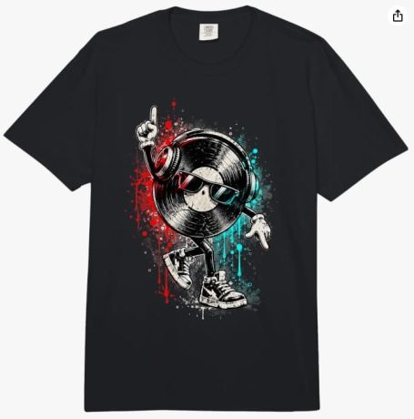 Funny Dancing Retro DJ Vinyl Record Rave Electronic Music Design Multi-Color Oversized Look T-Shirt Outfit for Men and Women 
