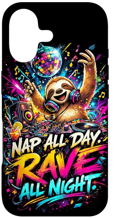 Custodia per cellulare con design divertente in stile rave, techno, bradipo e discoteca: un regalo perfetto per iPhone