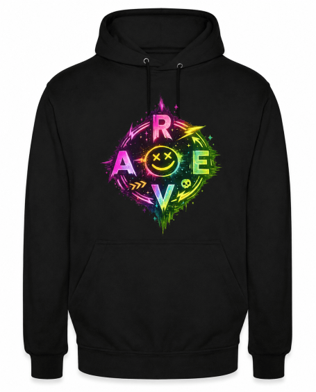 Buntes Rave Techno Design mit lachendem Gesicht Hoodie für Damen und Herren
