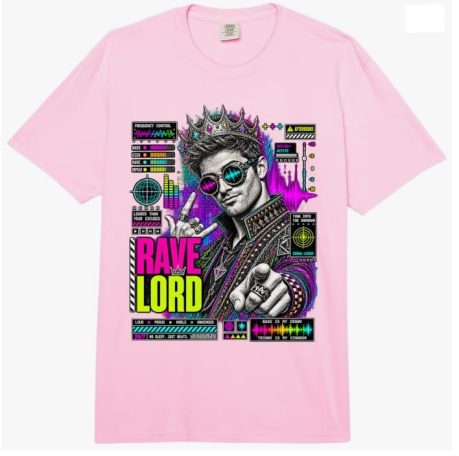 Funny Rave Lord Techno Music EDM DJ Party Outfit Oversized Multicolor T-Shirt - Portrait artwork of a crowned party figure with sunglasses.
