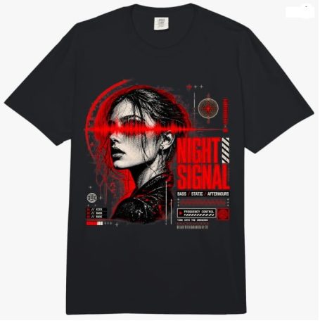 Night Signal Techno EDM Rave Outfit with a Womens Face T-Shirt - Great for outdoor festivals, club nights, DJ sets, warehouse parties
