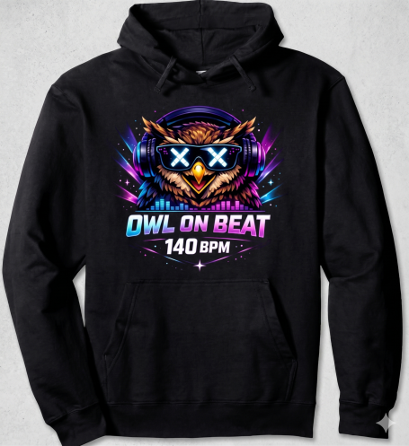 Techno Owl Hoodie Cool Owl On Beat 140 BPM Techno Rave Gift Motif for Electronic Music Pullover Hoodie Outfit for Men and Women