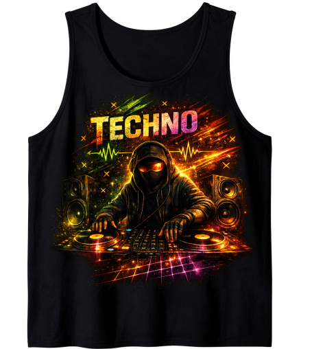 Techno DJ Tank Top Dark techno DJ tank top with colorful turntable and underground rave festival club night graphic
