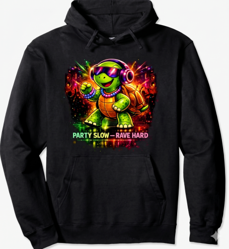 Funny Techno Turtle Hoodie Funny Colorful Techno Party Slow Rave Hard Turtle Festival Saying Hoodie Sweatshirt Design Gift for Men and Women