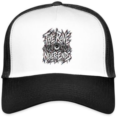 The Rave Never Ends Hat White The Rave Never Ends Bass Box Speaker Electronic Techno Music EDM Trucker Gift Cap Hat with Adjustable Mesh Back