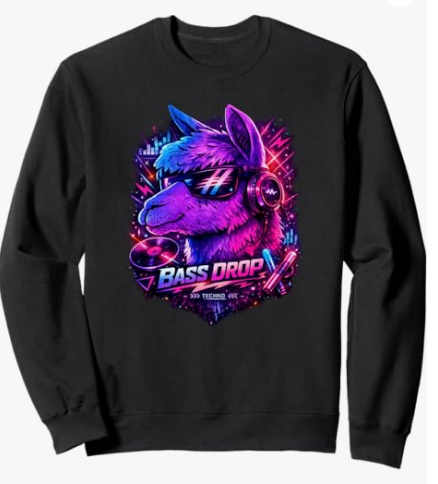Funny Llama Sweatshirt Funny Cool Techno Llama Alpaca Electronic Music Design Graphic Pullover Sweatshirt for Men Women and Music Festivals
