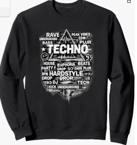 Techno Slang Word Sweatshirt Techno Rave EDM Underground Bass Music Apparel Pullover Sweatshirt with Slang Words for Men Women and Festival Club Raver