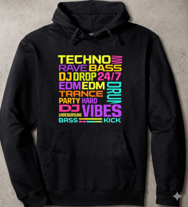 EDM Rave Hoodie EDM Rave Techno Clubbing Lettering Slang Word Gift Design for Festivals & Clubs Pullover Hoodie for Men and Women