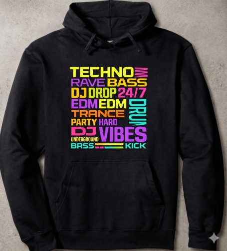 EDM Rave Hoodie EDM Rave Techno Clubbing Lettering Slang Word Gift Design for Festivals & Clubs Pullover Hoodie for Men and Women