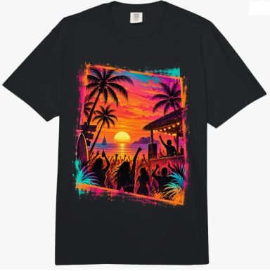 Beach-Party T-Shirt 24,99 € Mallorca Malle Strand Beach-Party Oberteil mit Sonnenuntergang und Musik EDM Design Multicolor Oversized Look Geschenk Outfit T-Shirt