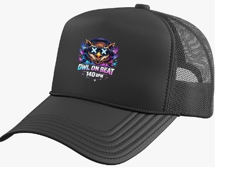 Owl On Beat Hat Owl On Beat 140 BPM – Techno Rave Motif for Electronic Music Trucker Hat Cap with Adjustable Mesh Back