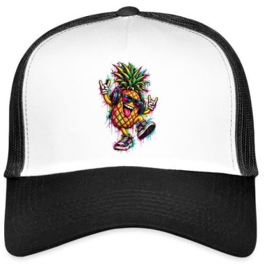 Smiling Funny Dancing Pineapple Fruit with Sunglasses and Headphones and Sneakers Techno Electronic Music Trucker Cap Gift