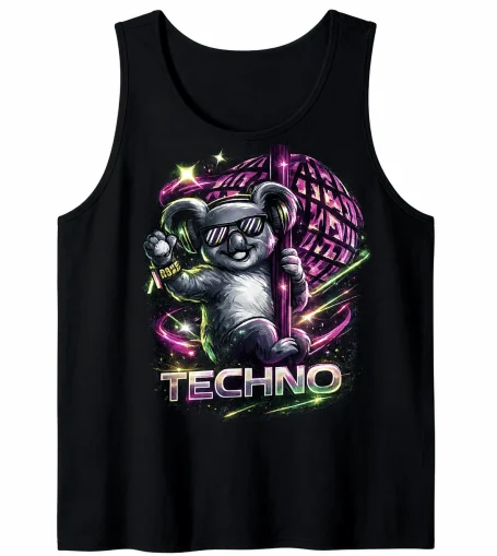 Funny Techno Koala Tank Top Funny techno koala tank top with EDM rave animal design for music summer or beach festivals