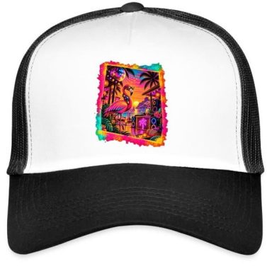 Flamingo Party Hat Funny Sunset Beach Party Flamingo Electronic EDM Music Trucker Cap Hat with Adjustable Mesh Back
