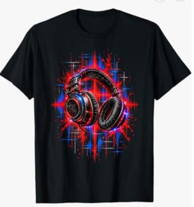 Maglietta colorata con cuffie e effetto “Grunch”, musica techno elettronica, abbigliamento