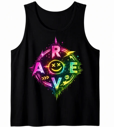 Techno Rave Tank Top Techno EDM rave lettering tank top with smiling character for festival and club nights