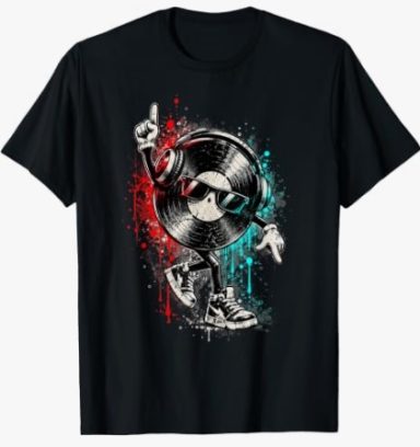 Funny DJ Vinyl Record Rave Electronic Music Design T-Shirt - Playful vinyl record artwork with comic cartoon-style arms and legs