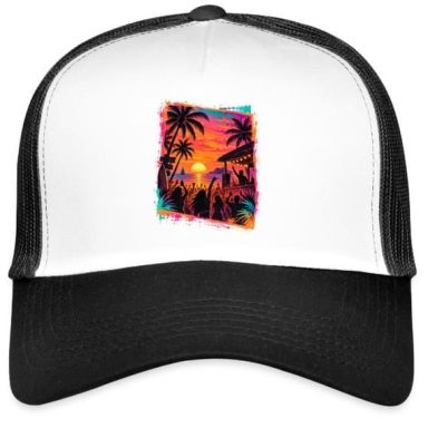 Sunset Beach Hat Sunset Beach Electronic Techno Music EDM Trucker Gift Cap Hat with Adjustable Mesh Back