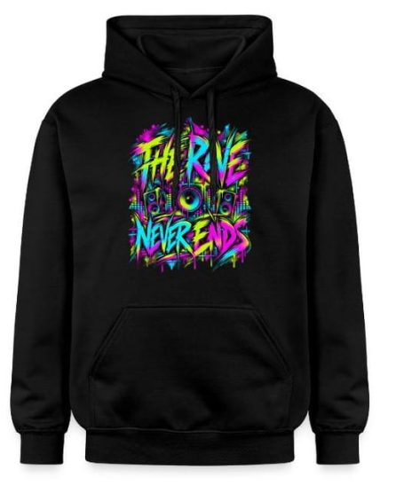 The Rave Never Ends Kapuzenpullover „The Rave Never Ends“ – Bunter Techno- und Elektronik-Musik-Hoodie als Geschenk für Männer und Frauen