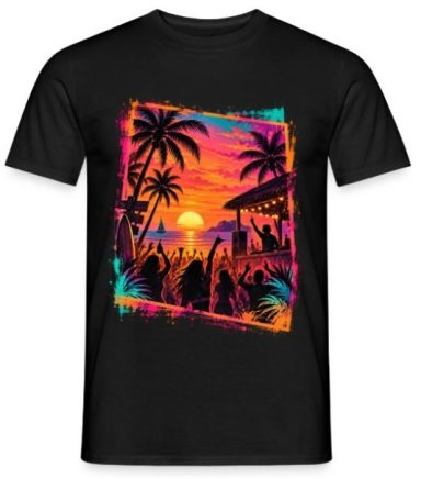 Strandparty Malle T-Shirt 24,95 Euro Sommer Strandparty Palmen Mallorca Malle T-Shirt Outfit Oberteil mit Sonnenuntergang Grafik für Damen und Herren