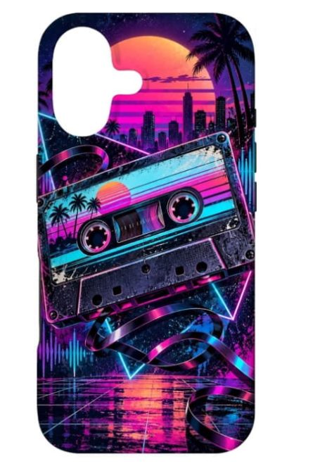Retro Kassette Mobile Phone Case Retro Mobile Phone Case Smartphone Handy-Hülle für iPhone mit Musik-Kassette, Neon Skyline und Sonnenuntergang im Synthwave 80er Stil