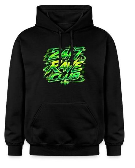 24/7 Rave Club Hoodie 24/7 Rave Club Schriftzug – Elektronische Techno-Musik – EDM – Hoodie – Pullover – Geschenk für Festival Party Unisex