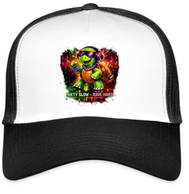 Funny Turtle Party Slow Rave Hard Electronic Techno Music Turntable EDM Party Trucker Cap Hat with Adjustable Mesh Back
