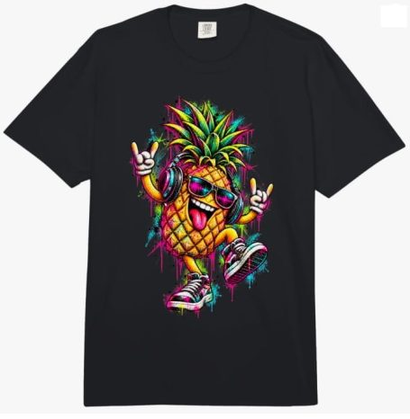Funny Raving Pineapple DJ Techno Electronic Music Design Multi-Colored Oversized Look T-Shirt Outfit Apparel Clothing for Men and Women
