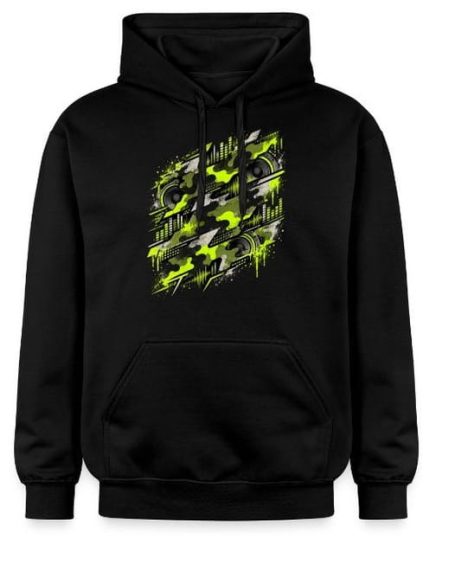 Techno Camo Hoodie Hoodie im Camouflage Militär Camo-Tarnmuster mit „Electronic Techno Music Bass Box“-Motiv – Pullover, Kleidung, Geschenk für Festivals