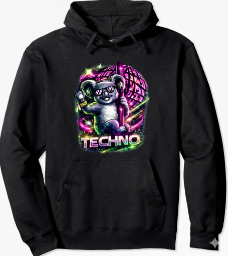 Funny Techno Koala Hoodie Funny Techno Rave EDM Koala Hoodie Gift Design for Friends Men and Women for Festival Nights