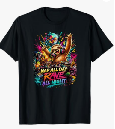 Funny Techno Sloth Animal DJ Turntable Party Festival Rave T-Shirt Outfit for Men and Women and Raver