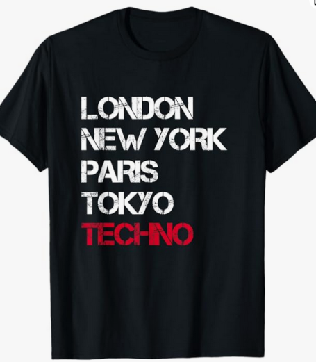 Black t-shirt with a list design featuring the words 'London, New York, Paris, Tokyo, Techno' in a bold, minimalist font