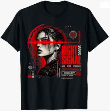 Dark Red Colored Grunch Effect NIght Signal Techno EDM Rave Outfit T-Shirt with a Womens Face Design with Soundwave Elements 