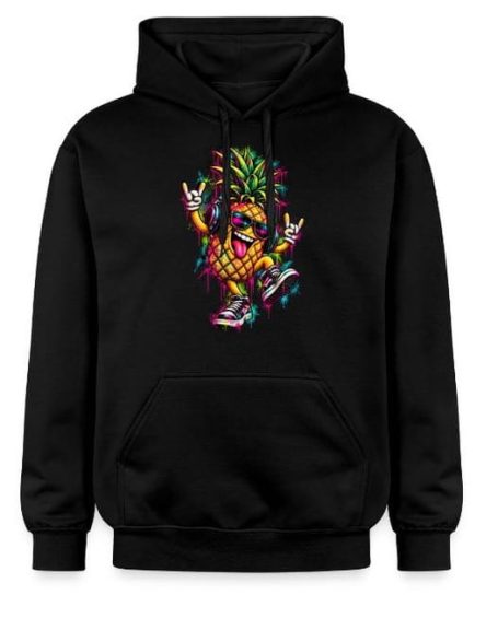 Ananas Techno Hoodie Lächelnde, lustig tanzende Ananas mit Sonnenbrille, Kopfhörern und Sneakers – Hoodie mit Techno- und Elektronikmusik-Motiv – Geschenk