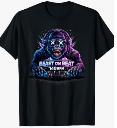 テクノ・ゴリラ・シャツ テクノ&EDM レイヴ・ビースト・オン・ビート 140 BPM DJ ゴリラ・エイプ・モンキー デザインTシャツ