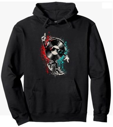 Funny Dancing Vinyl Hoodie Funny Dancing DJ Vinyl with Sunglasses Techno Electronic Music Hoodie Pullover Clothing Merch Apparel Gift Unisex