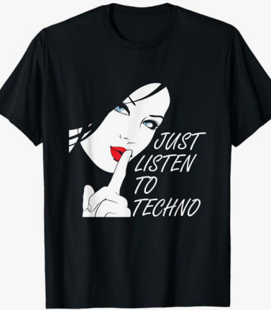 Maglietta Techno Music Raver Girl Design di maglietta con la grafica di una ragazza raver con le cuffie, circondata da una citazione sulla musica techno.