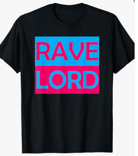 Black t-shirt with the words 'Techno Rave Lord' printed on the front in a bold graphic style