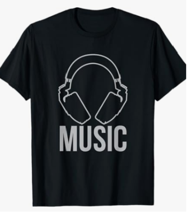 Maglietta con cuffie e scritta “music” Maglietta con cuffie e scritta "music", design minimal per amanti della musica elettronica