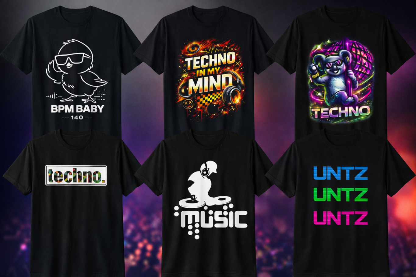 Collectie techno-kleding en cadeau-ideeën met grafische T-shirtontwerpen van DJ Fiddle
