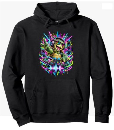 Funny Raving Turtle Hoodie Funny Raving Turtle Electronic Disco Techno Rave Weekend Music Turntable Party Hoodie Pullover Clothing Gift