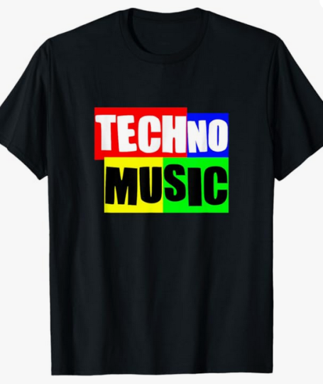 Black techno music t-shirt featuring a vibrant, multi-colored graphic of the word 'Techno' in a bold font