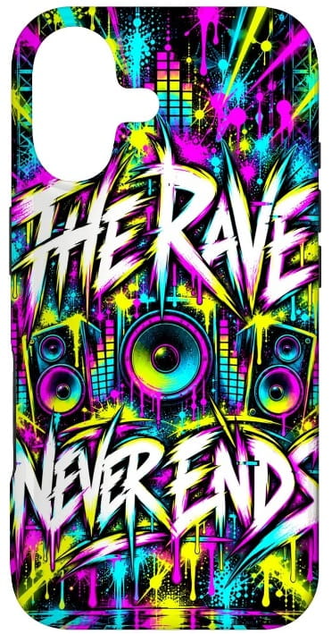 The Rave Never Ends Handy-Hülle „The Rave Never Ends“ – cooles Techno und Trance - und Elektronische-Musik-Spruch – Design-Geschenk für iPhone Smartphone-Case Handy-Hülle