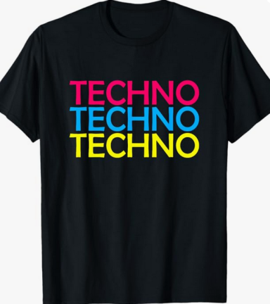 Maglietta Techno con Scritta Colorata e Audace Maglietta di musica techno nera con una grafica vivace e multicolore della parola 'Techno' in un carattere audace.