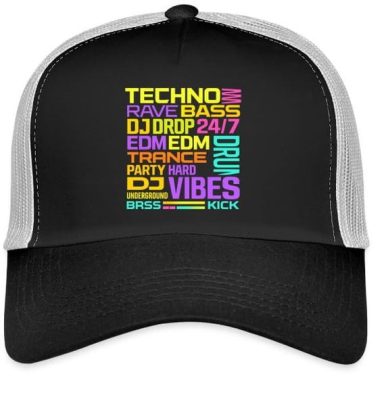 Techno Rave Words Hat Techno Rave Vibes Lettering Electronic Music EDM Trucker Cap Hat with Adjustable Mesh Back