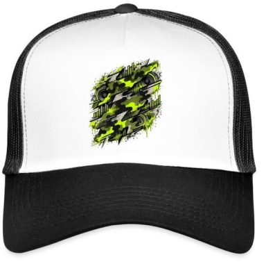 Yellow Camo Electronic Techno Rave Music Bass Box with Yellow Camo Camouflage Pattern Trucker Cap Hat Gift with Adjustable Mesh Back