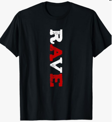 Techno T-shirt with a minimalist vertical 'Rave' text design