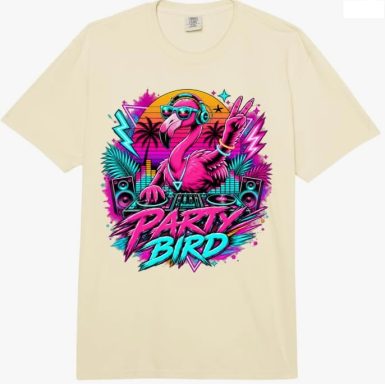 Flamingo DJ T-Shirt 24,99 € Lustiges Fun und Spaß Flamingo DJ Malle und Mallorca Strand-Party Ferien Urlaub Oversized Look Multicolor T-Shirt Outfit Oberteil Unisex