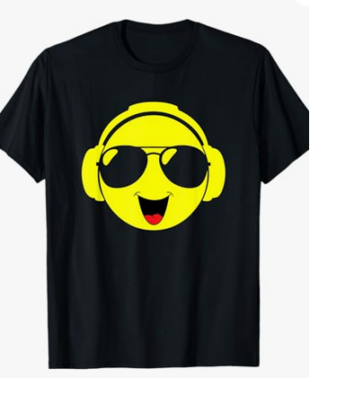 Black t-shirt with a classic yellow Acid House smiley face graphic, associated with techno and rave culture
