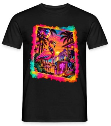 Flamingo T-Shirt 24,95 Euro Flamingo Strandparty, Sonnenuntergang, elektronische Musik, Festival Mallorca Malle Reise Party Gruppen T-Shirt Outfit für Damen und Herren
